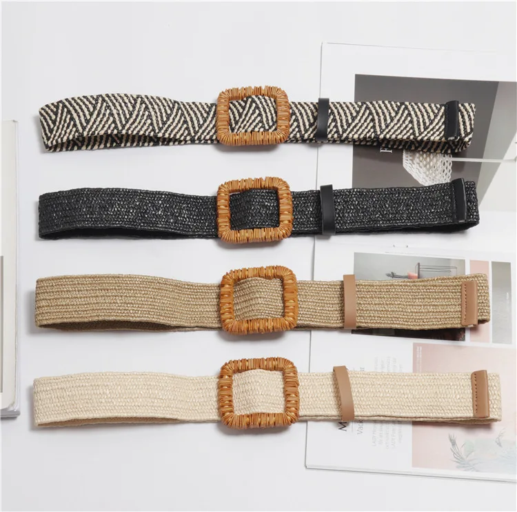 

Braided Belt with Wooden Buckle Ladies Casual Solid Luxury Fashion 2019 Dress Summer High Quality Woven Women straw Belt Wood