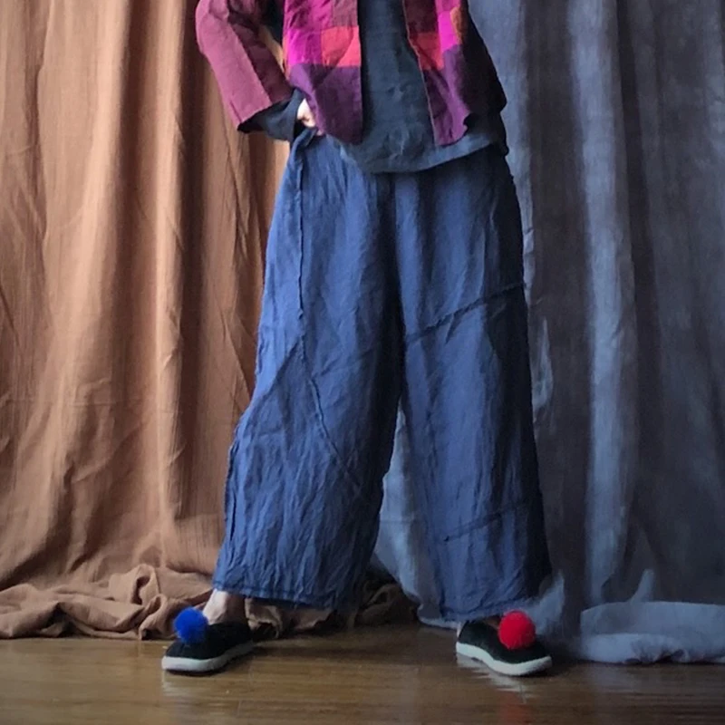 Johnature Patchwork 2020 Autumn New Women Pants Linen Elastic Waist Loose Vintage Ankle-Length Linen Casual Straight Pants Johnature Patchwork 2020 Autumn New Women Pants Linen Elastic Waist Loose Vintage Ankle-Length Linen Casual Straight Pants