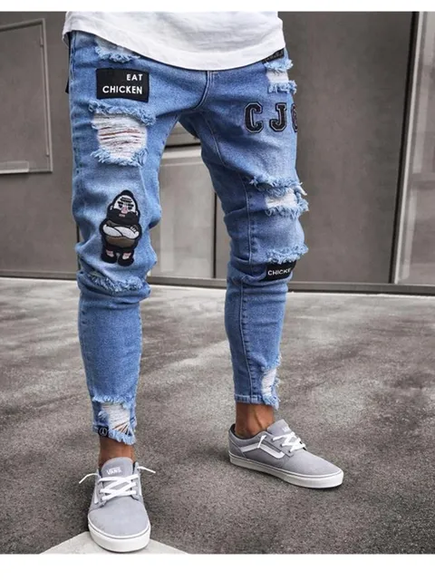 Men's Skinny Ripped Jeans Plaid Patchwork Denim Trousers Hip-Hop Print Jogging Pencil High Quality Denim Men Pants D807 Blue