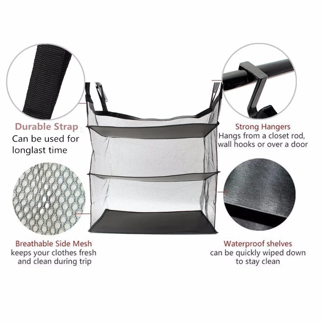 JX-LCLYL 3 Tier Collapsible Hanging Organizer Closet Luggage Clothes Bag Shelf Storage