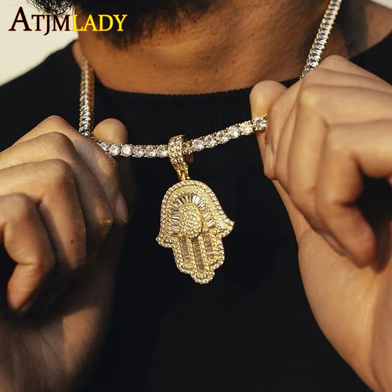 Высокое качество iced out bling 5A Багет cz мощеный Хамса ручной кулон ожерелье хип-хоп