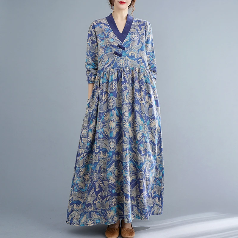 

Женское платье-Ципао из хлопка и льна, свободное ТРАПЕЦИЕВИДНОЕ ПЛАТЬЕ в этническом стиле с длинными рукавами, V-образным вырезом и пряжкой, модель D1395, 2024