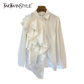 

TWOTWINSTYLE Patchwork Ruffle White Women Shirt Lapel Long Sleeve Irregular Hem Solid Blouse Female 2020 Fall Fashion New Tide