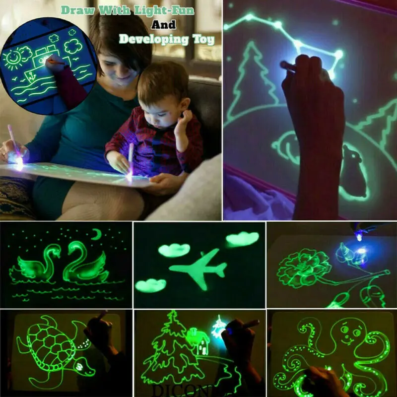 

A4 Draw with Light in Dark Children Kids Funny Toy Drawing Board Set English Langues 2019 Boys Girls Toy