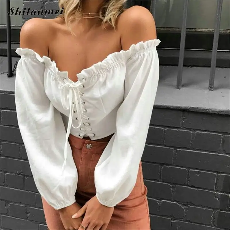

Lace-Up Blouses Autumn Solid White Short Shirt 2019 Women Sexy Blouses Shirts Long Sleeve Cross Bandage Women Tops And Blouses
