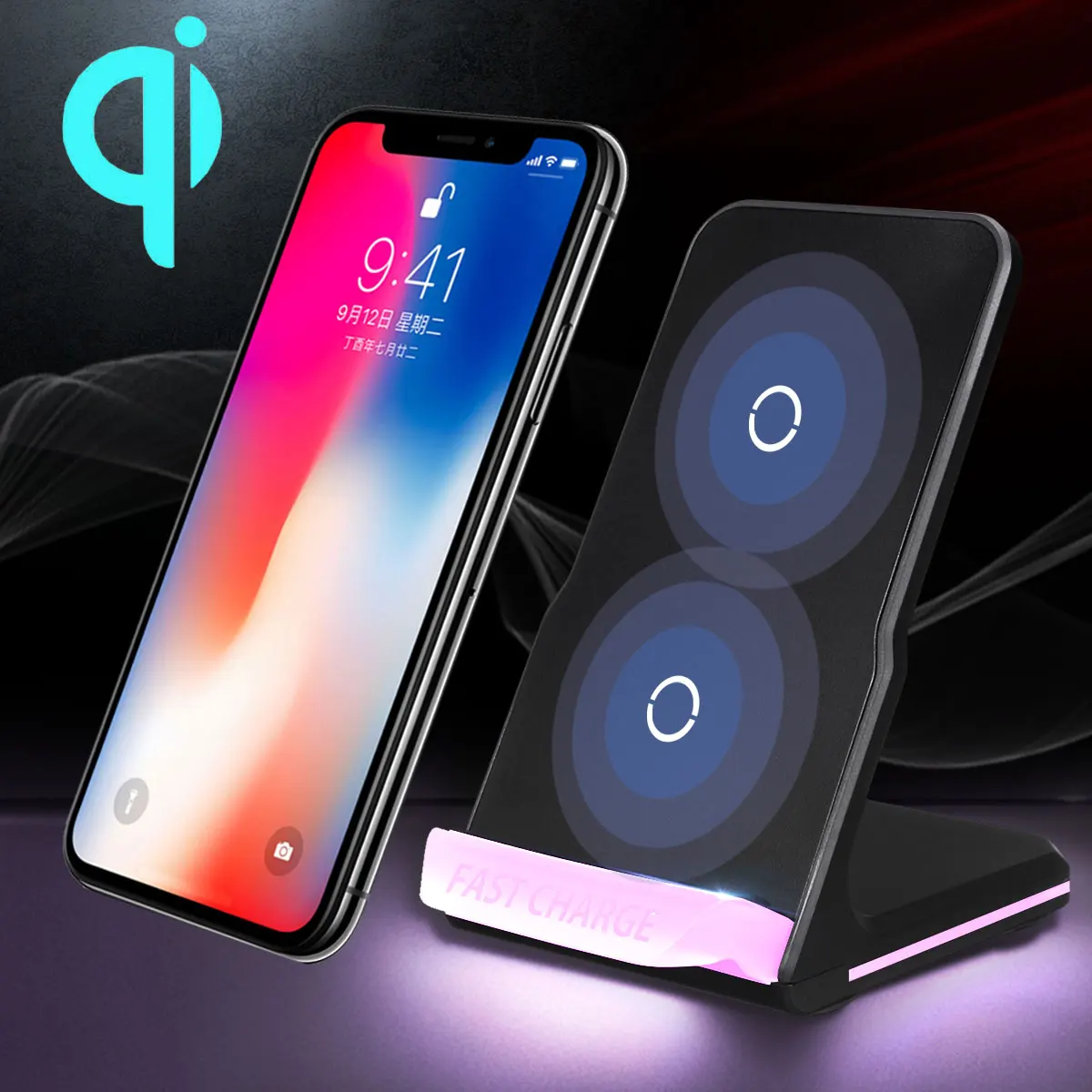 10W Qi Wireless Charger Stand LED Dual Coils Fast Charging Dock Station for iPhone 11 Pro X XS 8 XR for Samsung S9 S10 S8 S10E