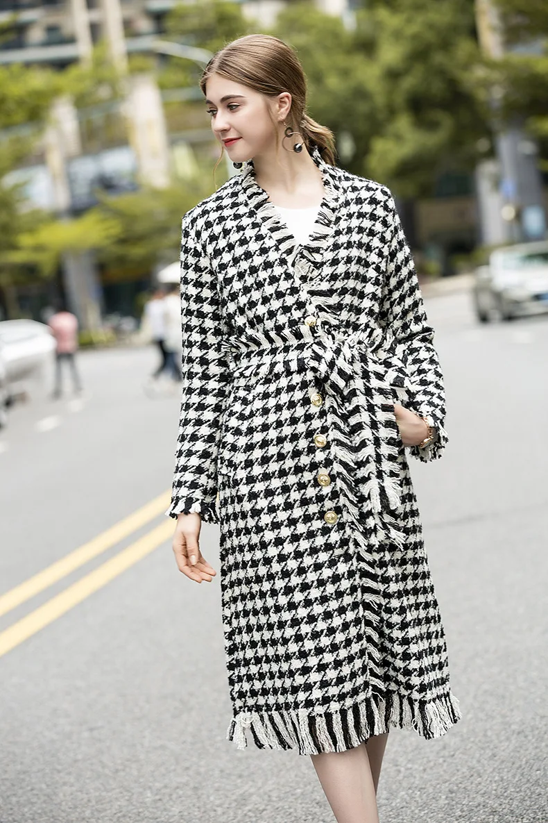 

Europe&America women high quality Houndstooth tassels overcoat 2019 autumn winter women loose belt plaid coat B033