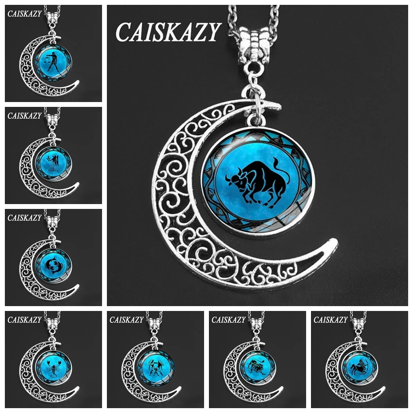 12 Zodiac Sign Pendant Crescent Moon Necklace Glass Cabochon Constellation Horoscope Astrology For Women Jewelry |