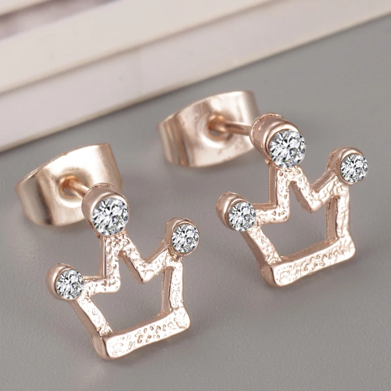 Fashion Jewelry Crown Women Classic Round Zircon Small Stud Earrings Gold Color Ears Stud For Men Crystal Earrings