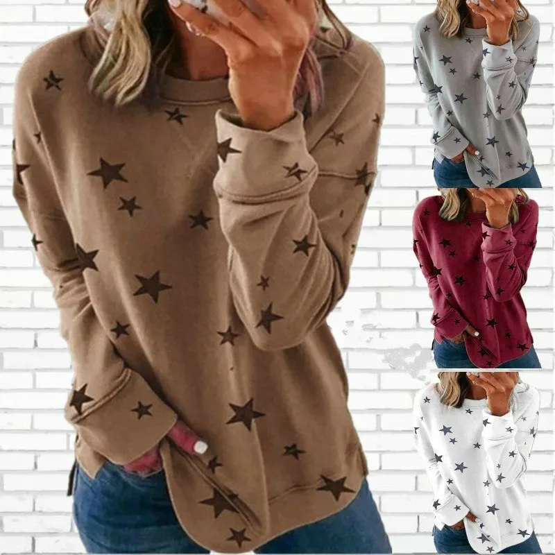 Women Summer T-Shirt Long Sleeved Shirts Casual Tops Round Neck Geometric Printed Ladies Pure Color Loose | Женская одежда