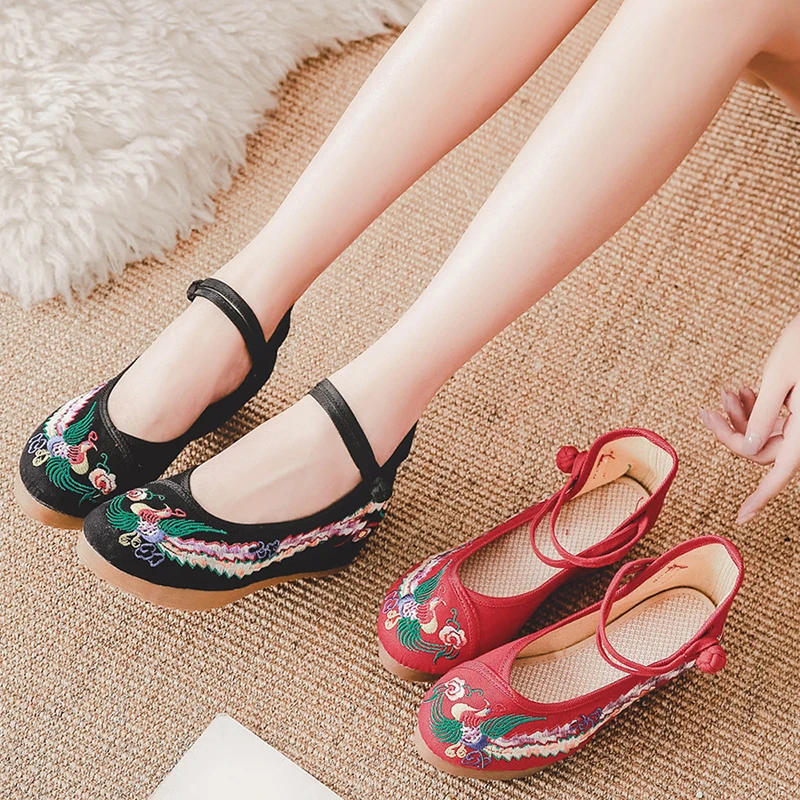 

New 5cm Wedge Colored Phoenix Increased Thickening Shoes Women's Embroidery Shoes Casual Round Toe Ankle Strap Female Footwear