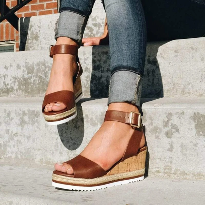 Wedge Sandals Fish Mouth Open Toe Women Buckle Strap Rubber Sandals Golden Ankle Strap PU Shoes Lady Solid High Heel Shoes D25