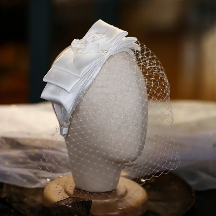 White bridal hairband Mesh Satin Bow Headband Vintage Fairy Bridal Wedding hair Accessory hair accessories bridal hair accessories crown headband