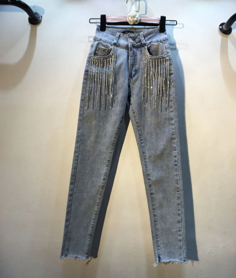 

Spring Summer New Tassels Beads High-waisted Slim Fit Elasticity Jeans Women Skinny Pencil Pants Girls Jeans Lady Jeans Trousers