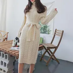 2019 осень зима Ins корейский белый длинный вязаный без подкладки Верхняя одежда свитер платье со шнуровкой на талии свитер с высоким