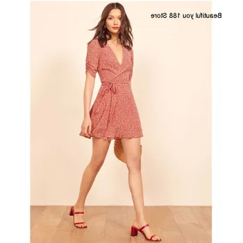 

autumn Summer and French style same red printed breathable short sleeve wrap dress elegant lady ruffled dress