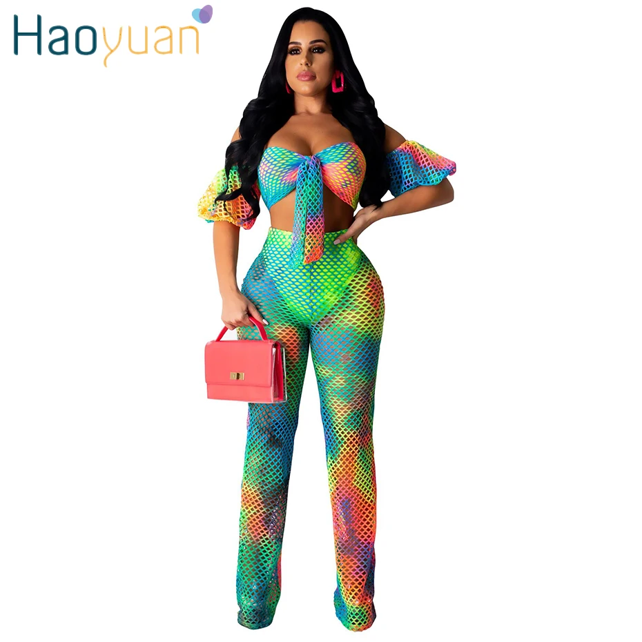 

HAOYUAN Fishnet Tie Dye Two Piece Set Bandage Off Shoulder Crop Top+Mesh Sheer Pants Set Sexy Women Festival Clothing Beach Suit