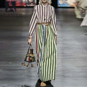 

AELESEEN Vintage Striped Print Dress Runway Fashion Full Sleeve Spring Autumn Button Belt New Arrival Elegant Long XXXL Dresses