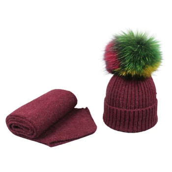 

Kids Winter Knitted Beanie Hat Long Scarf Set Colorful Pompom Cuffed Skull Cap LX9E