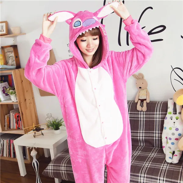 Теплые фланелевые пижамы для женщин пары, одежда для сна с рисунком персонажей из мультфильмов для взрослых животных Onsies Пижама adulto панда стежка Pijamas - Цвет: pink stitch