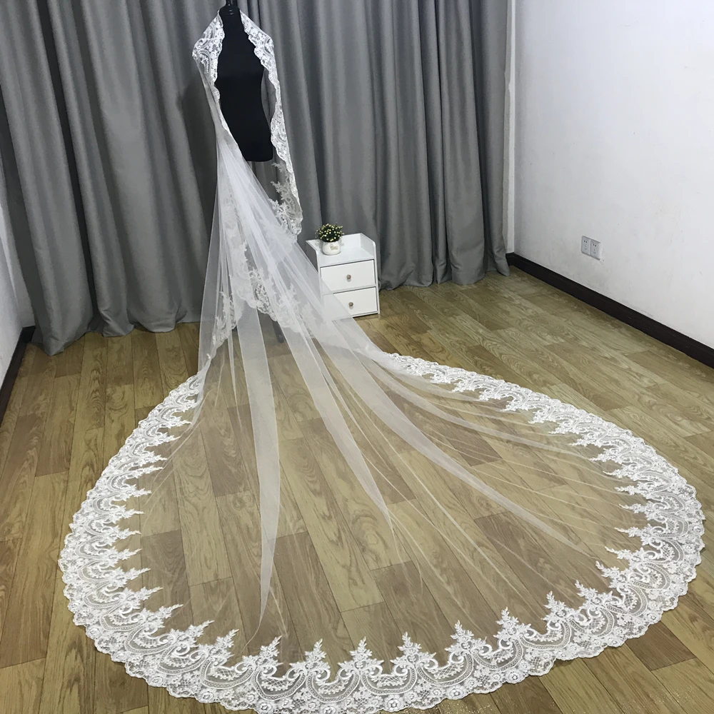 Real Photo 3meter Long Wedding Veil lace veil One Layer Cathedral Veil Tulle veil Bridal white ivory With Comb