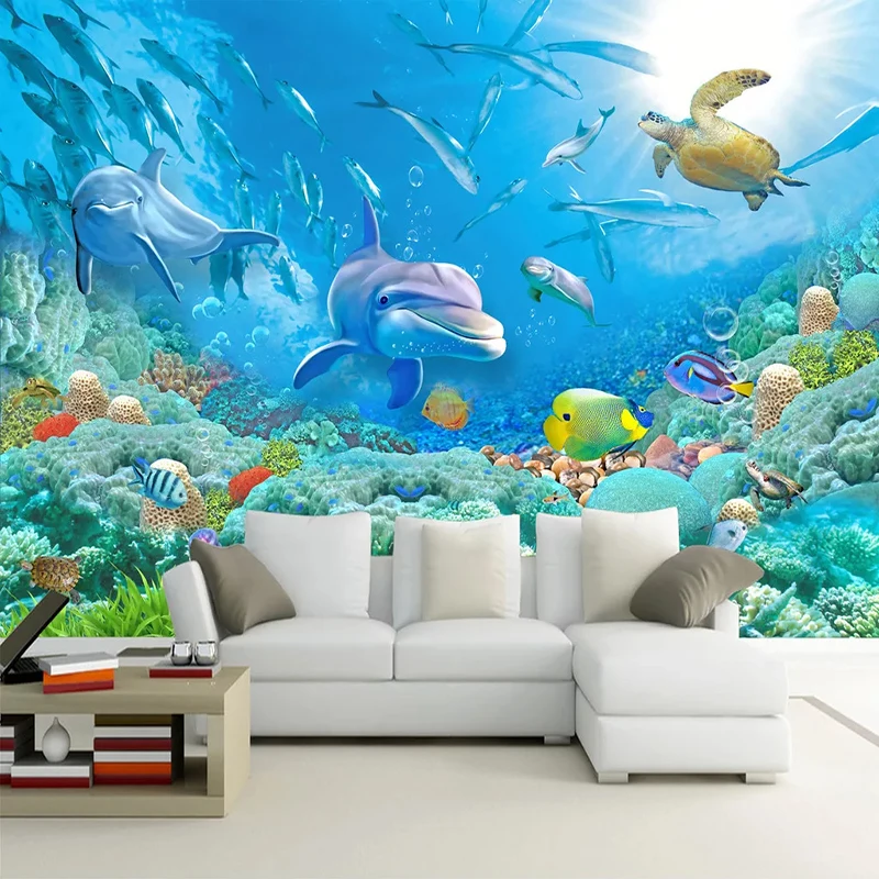 

Drop Shipping Custom Photo Underwater World 3D Dolphin Turtle Fish Coral Family Mural Background Wallpaper For Bedroom Walls 3D