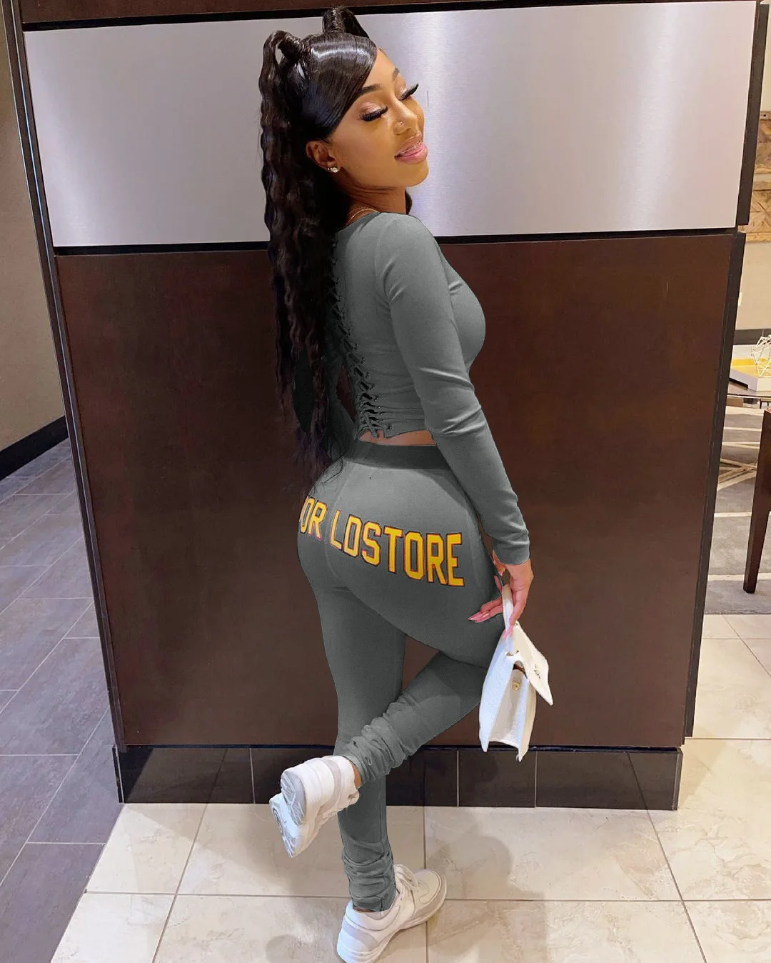 Fall Two Piece Sets Womens Outfits Long Sleeve Bandage T-Shirt