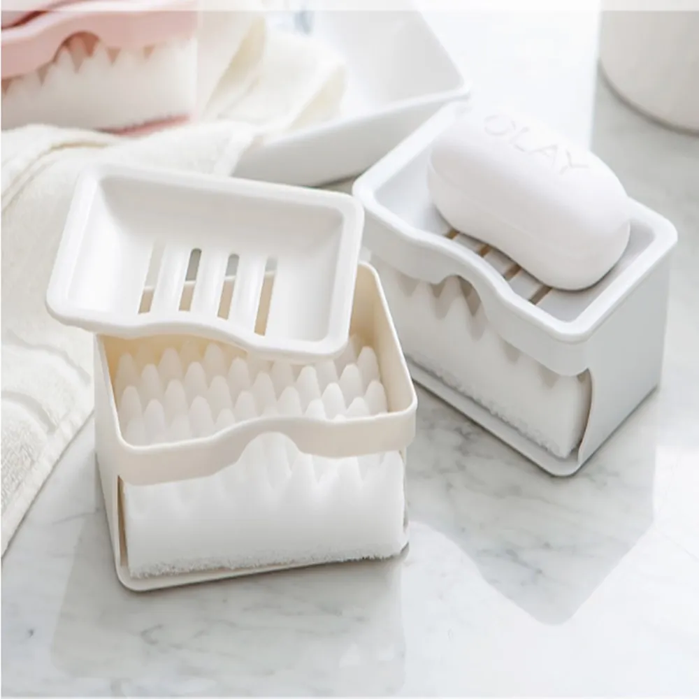 

Versatile Use Double Layer Soap Storage Box Easy Draining Plastic Soap Box Sponge Included Easy To Clean Bathroom Soap Dish