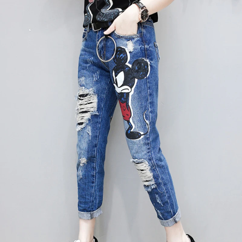 Джинсы с рисунком Микки Мауса; рваные джинсы для девочек-подростков; потертые узкие джинсы; повседневные джинсовые штаны-шаровары для студентов