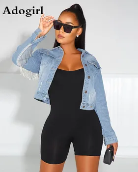 

Adogirl Woman Tassel Splicing Long Sleeved Short Jeans Jackets Turn Down Collar Button Pockets Coat Women Fashion Denim Outwear