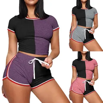 

2020 New Women 2 Pieces Suits O-neck Short Sleeve Slim Crop Tops+Elastic Waist Short Pants Colorblock Sexy Sportsuits Streetwear