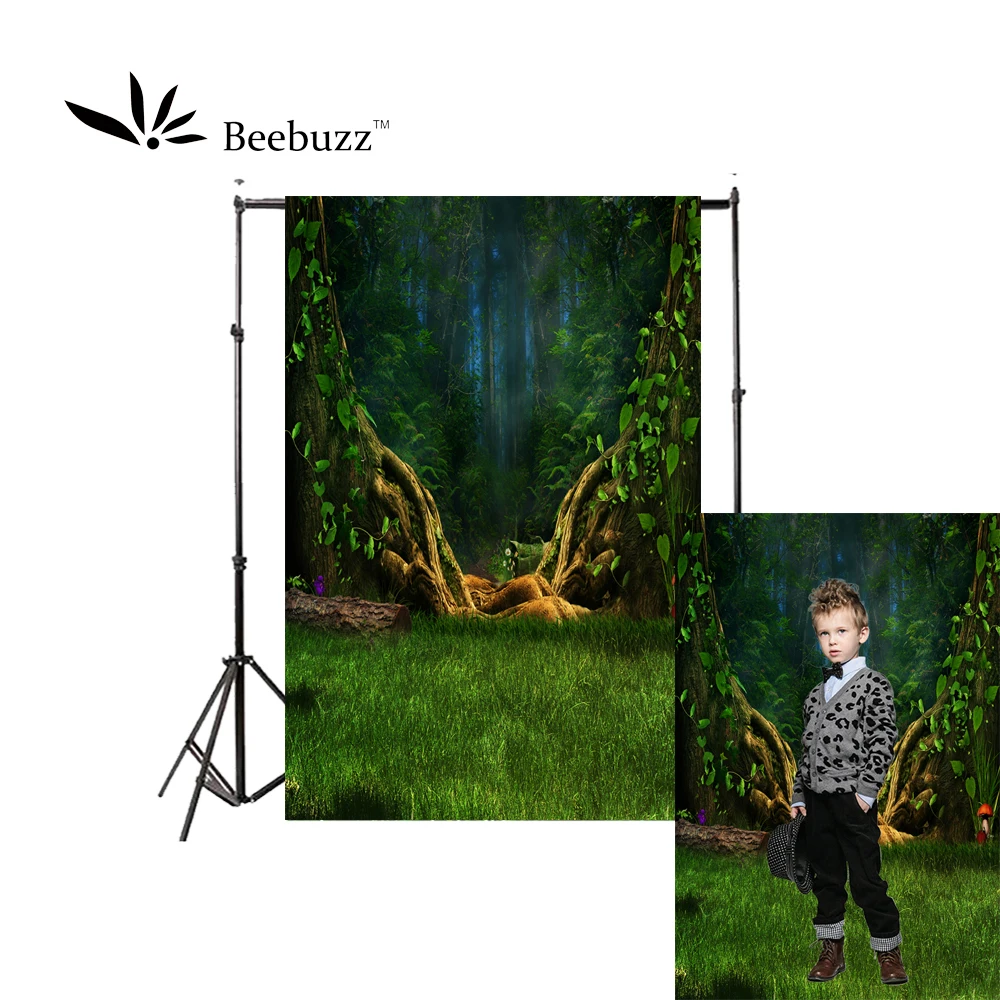 

Beebuzz photo backdrop fantasy forest backgroung night green forest trees lawn children's photography photophone