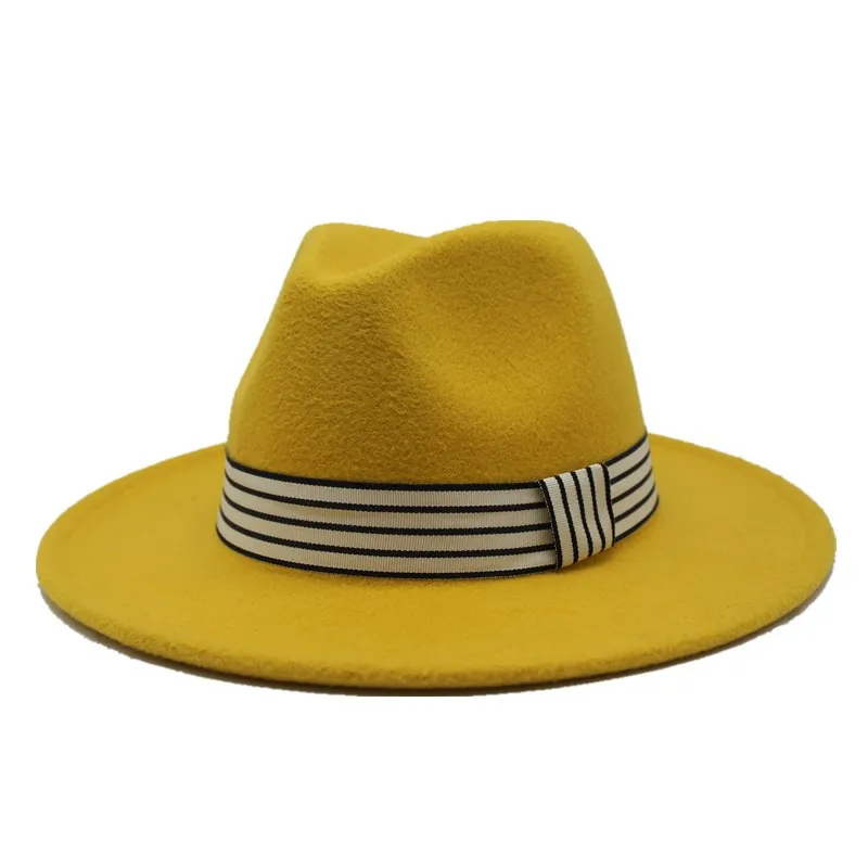 Простые широкие полями осенние женские модные топы джаз шляпа зимний модный шерстяной фетровая шляпа для женщин Chapeau Femme черные шляпы для мужчин - Цвет: yellow