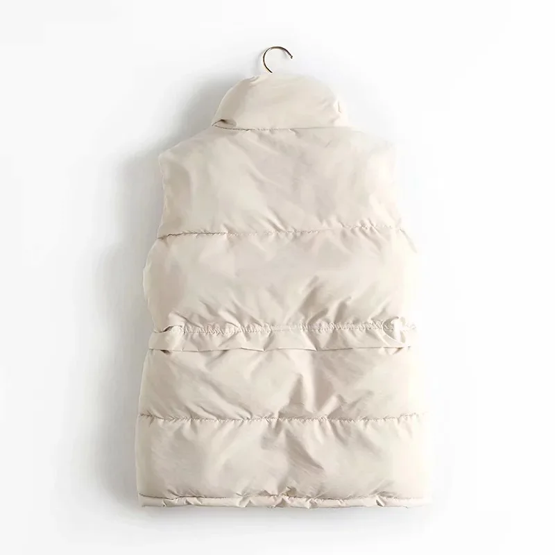 Autumn Winter Women Solid Loose Vest Drawstring Stand Collar Long Vest Jacket  Cotton Padded Women Windproof Warm Waistcoat 2