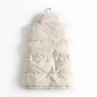 Autumn Winter Women Solid Loose Vest Drawstring Stand Collar Long Vest Jacket  Cotton Padded Women Windproof Warm Waistcoat 2
