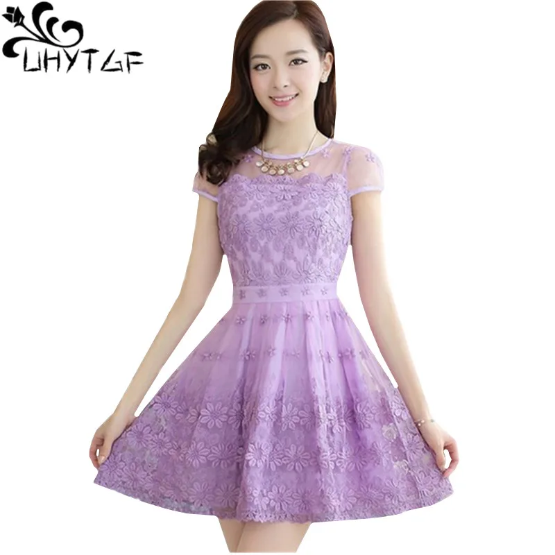 

UHYTGF Summer dress womens Fashion lace embroidered sweet princess dress Korean slim waist elegant evening party dresses 3XL 219