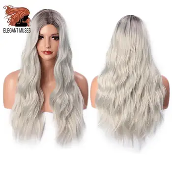 

ELEGANT MUSES Long Wavy Platinum Blonde Wig Ombre Blonde Synthetic Wigs for Women 24 Inches Two Tone Natural Middle Part Wig