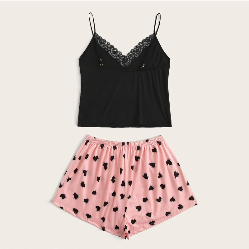 SHEIN с кружевной отделкой Cami черный топ с сердцем розовые шорты PJ набор женские осенние сексуальные пижамы без рукавов пижамные комплекты