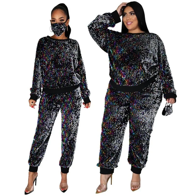 

Winter Plus Size S-5XL Clothing Fo'r Women Two Piece Set Sequins Birthday Outfit Joggers Tracksuit Wholesale Dropshipping 2020
