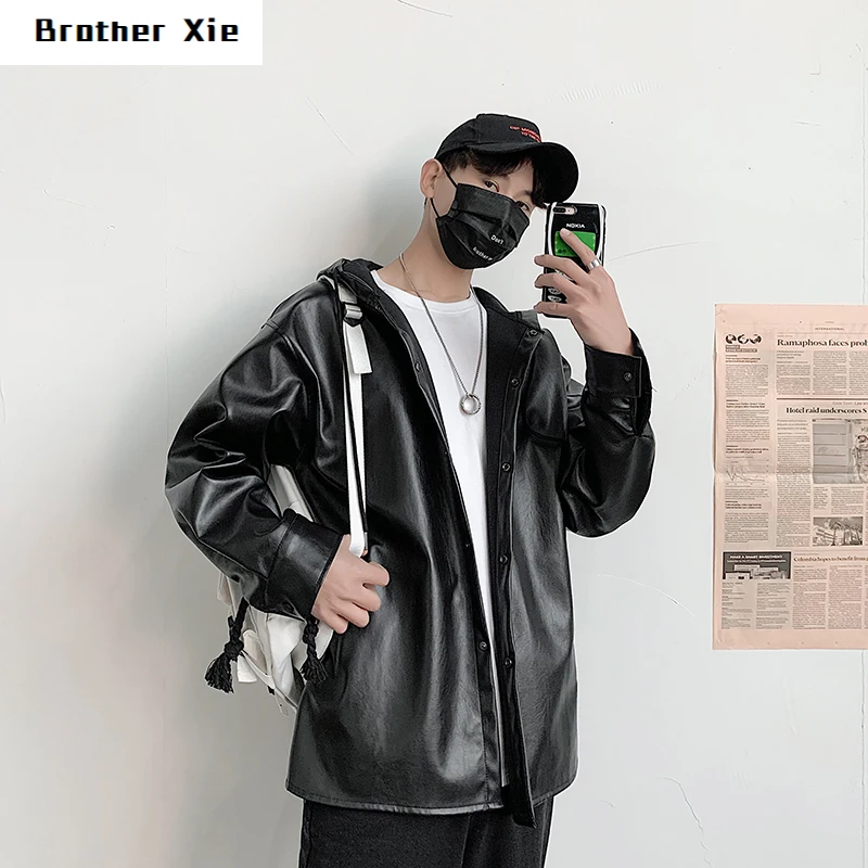 

Hooded Leather Jacket Men's Fashion Solid Color Casual Motorcycle Jacket Man Streetwear Wild Loose Hip Hop Bomber Jacket Male