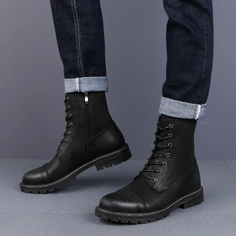 

Men Martin boots genuine Leather Fashion outdoor with fur warm Winter Snow boots Motorcycle Ankle boots big size 47 o4