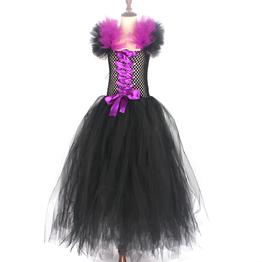 Kids Maleficent Evil Queen Girls Halloween Fancy Tutu Dress Costume Children Christening Dress Up Black Gown Villain Clothes (7)