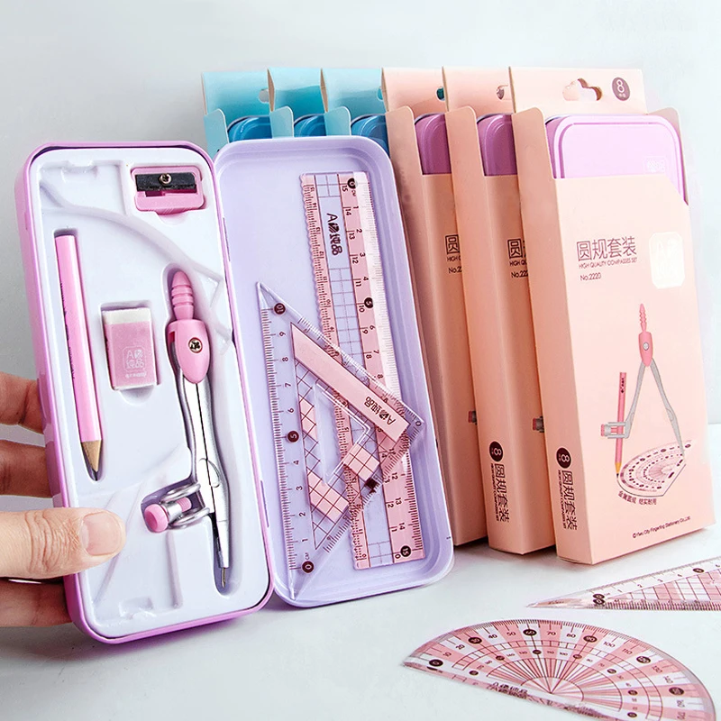 8pcs/Set Creative Ruler Sets For Students Stationery Pencil Sharpener Eraser Compass Exam Draw Tools School Office Supplies New