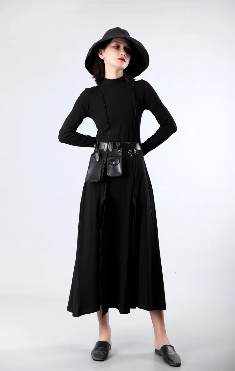 [EAM] Women Dress New Stand Neck Long Sleeve Loose Fit Split Joint Spliced Sheath Temperament Fashion Spring Autumn JZ343