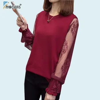 

Women 2020 Design Plus Size Clothes O Neck Long Sleeve Patchwork Black Mesh Sheer Lace Tunic Knitted Sweater Pullovers F112