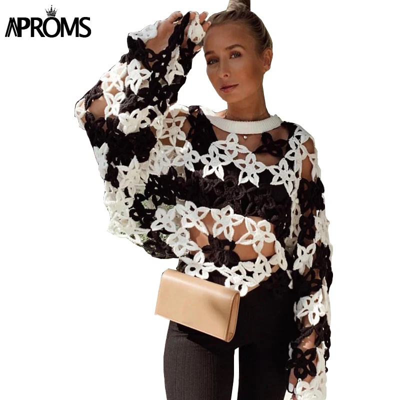Aproms/черные, белые, ручной работы, Вязаные Короткие пуловеры, женские осенние, сексуальные, выдалбливают, вязаный свитер, уличный стиль, джемпер