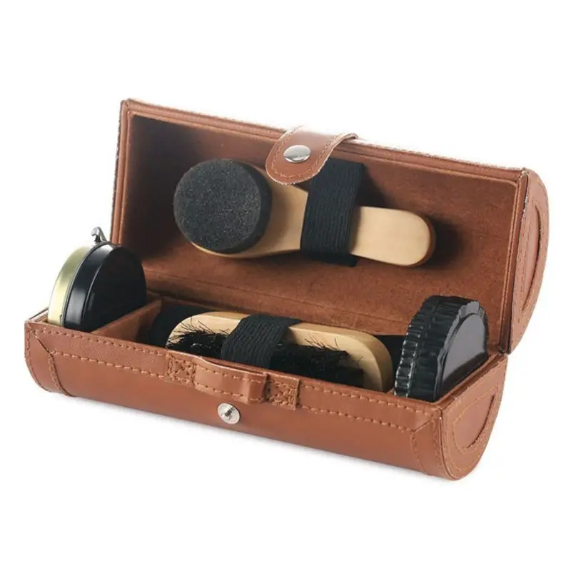 Leather shoes care set of 6 pieces, shoehorn, shoe polish, shoe brush, cleaning cloth, sponge brush, sponge wipe