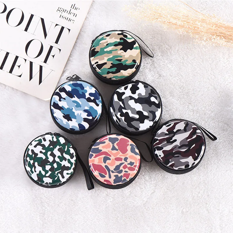 

Multifunction Coin Case Zippered Memory Card Organizer Tinplate 1Pcs Camouflage Series Headphones Storage Box Round Shape