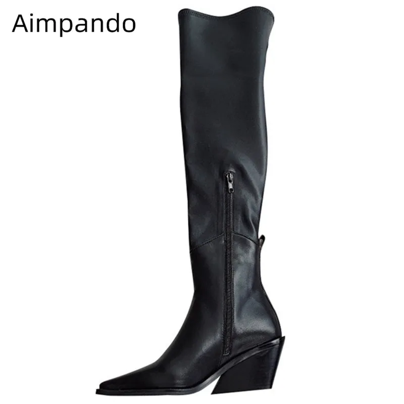 

Sexy Slim Long Woman Boots Pointy Toe Chunky Block High Heel Walking Bottes British Concise Over The Knee Stretch Botas Feminine