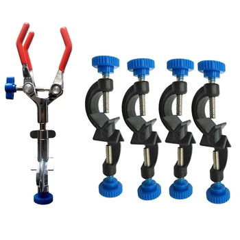 

HOT-4Pcs Lab Clamp Holder 2 Boss Heads Retort Stand Holder & 1pcs 3 Prong Finger Style Laboratory 360°Swivel Type